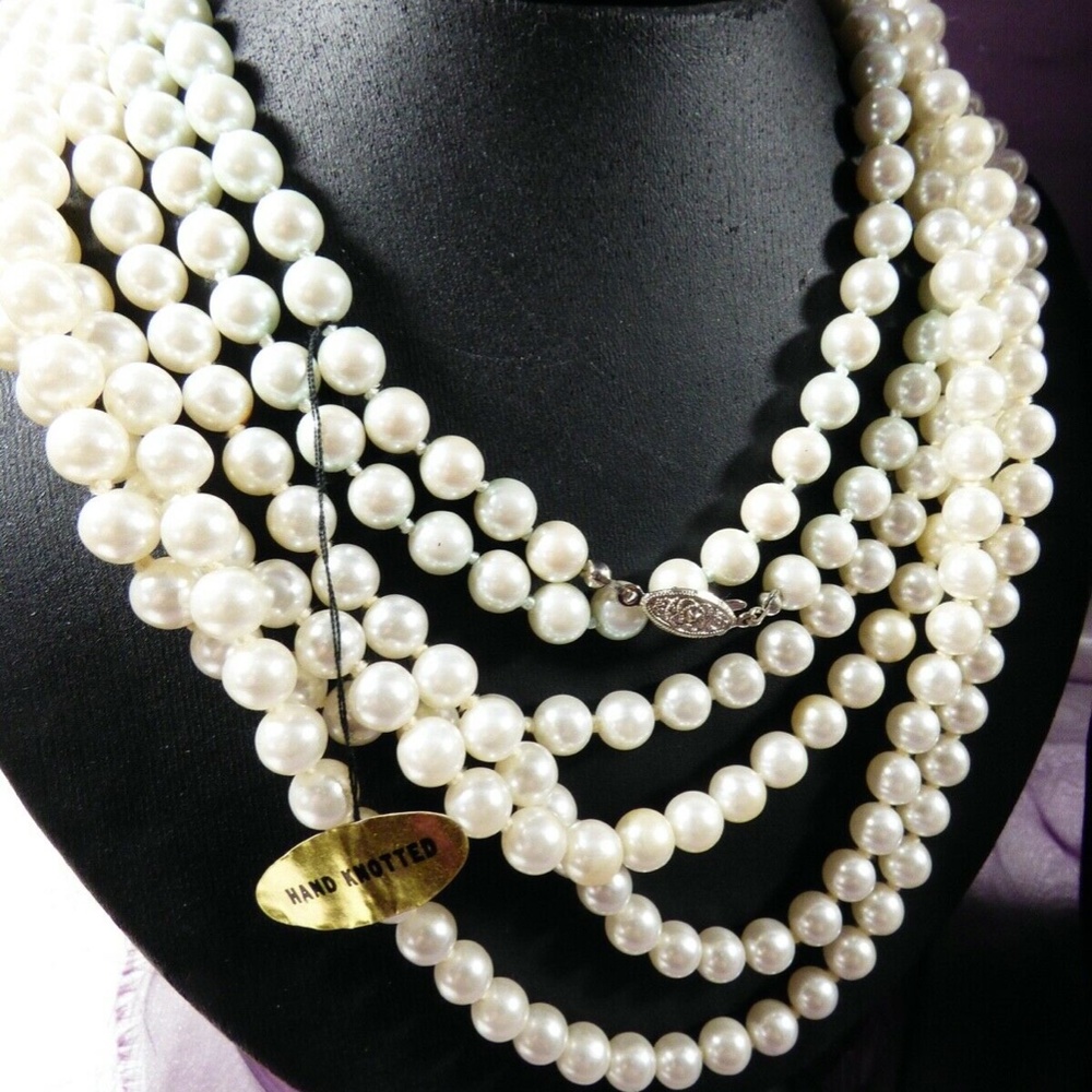 Retro Lot of 4 Pearl Faux glass Beads hand knotted & graduated necklaces - Picture 5 of 8
